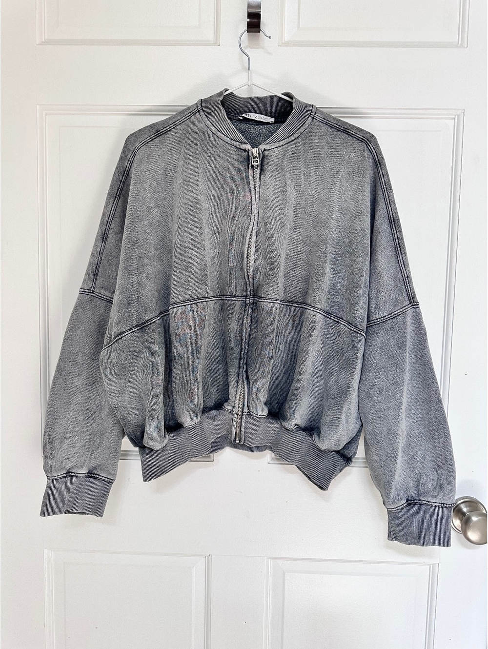 Zara Washed Gray Zippered Oversized Bomber Sweatshirt Size S